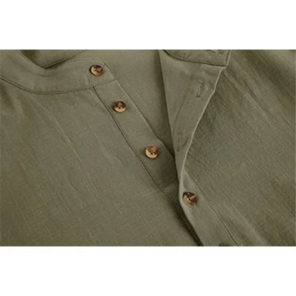 New Mens Linen Henley Shirt Green - Picture 6 of 7